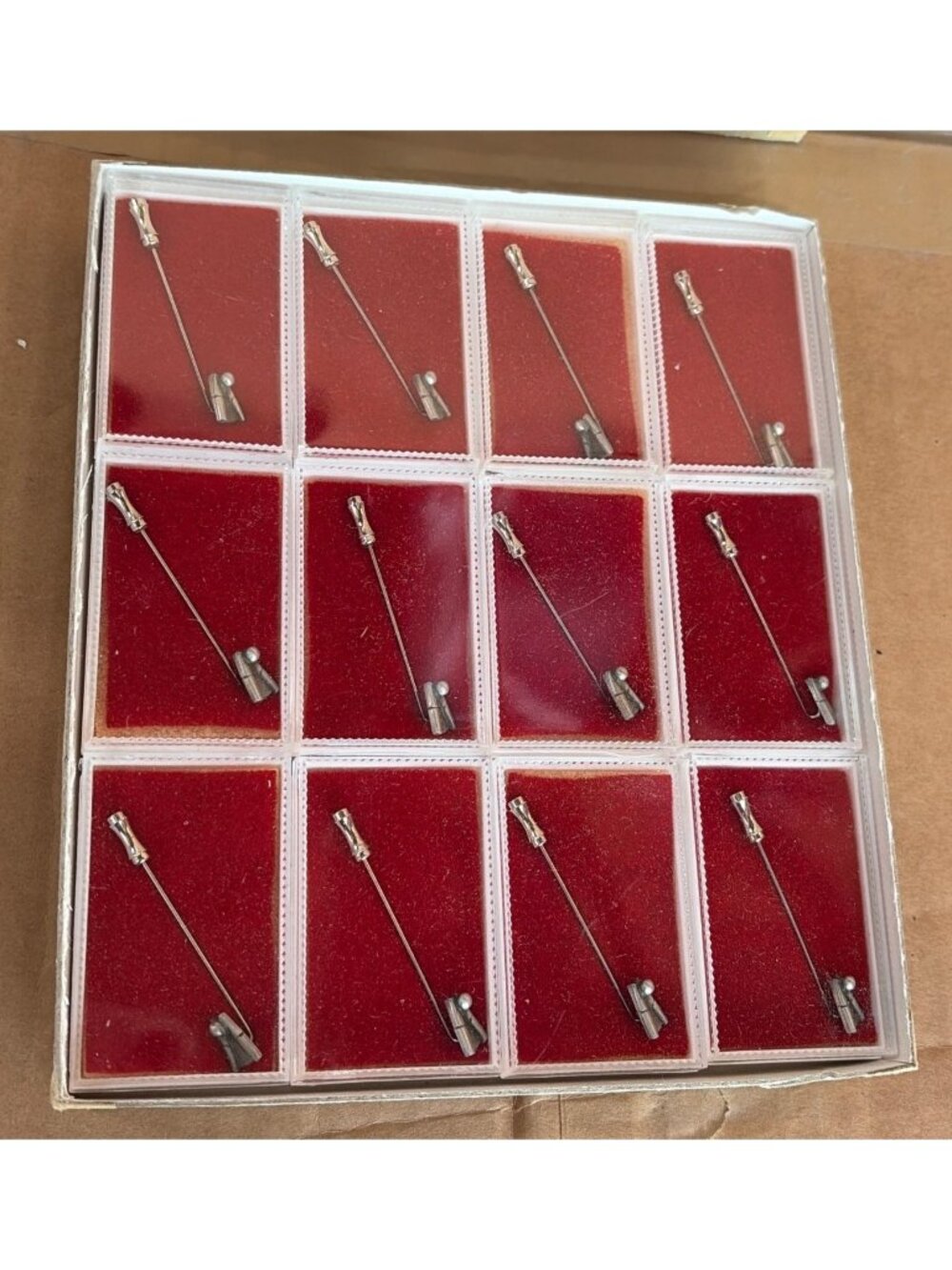 Lot of 12 Vintage Stick Pins Lapel Cravat Tie Pins NOS Silver Tone Boxed